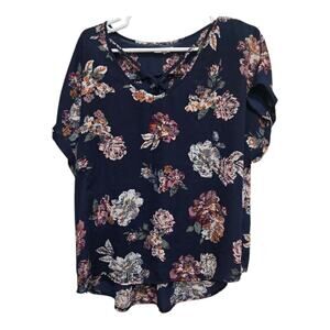Maurices Navy Floral Criss Cross Blouse Size XL